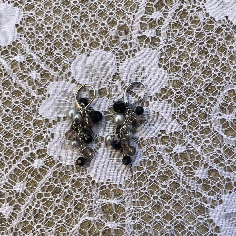 Ann Taylor Boho Black and Silver Beaded Cluster Earrings